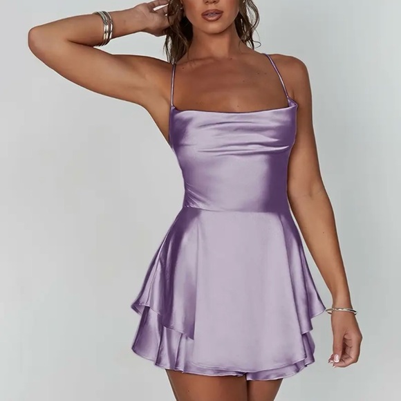 Lavender Satin Cowl Neck Backless Mini Dress - NWOT - Picture 2 of 5